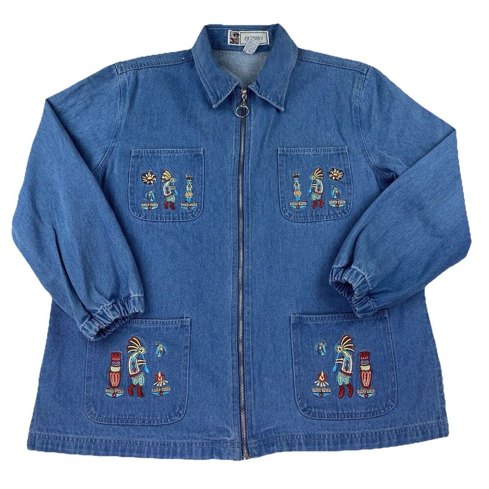 Kokopelli Jean Jacket Womens Small Zip Up 4 Pocket Embroidered Blue Denim Layer